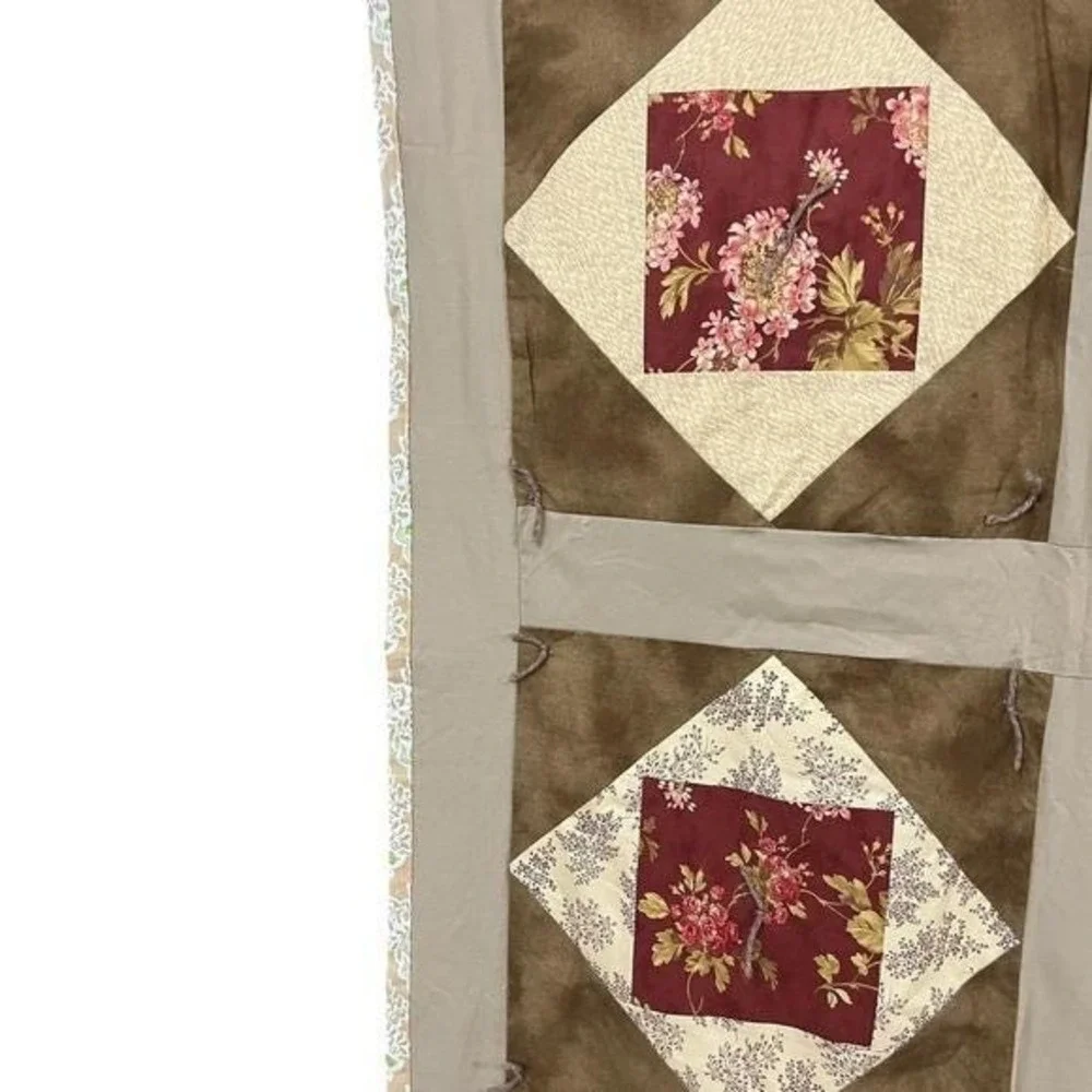 Vintage Patchwork Quilt 66x82 Burgundy Floral Cottage Farmhouse Throw